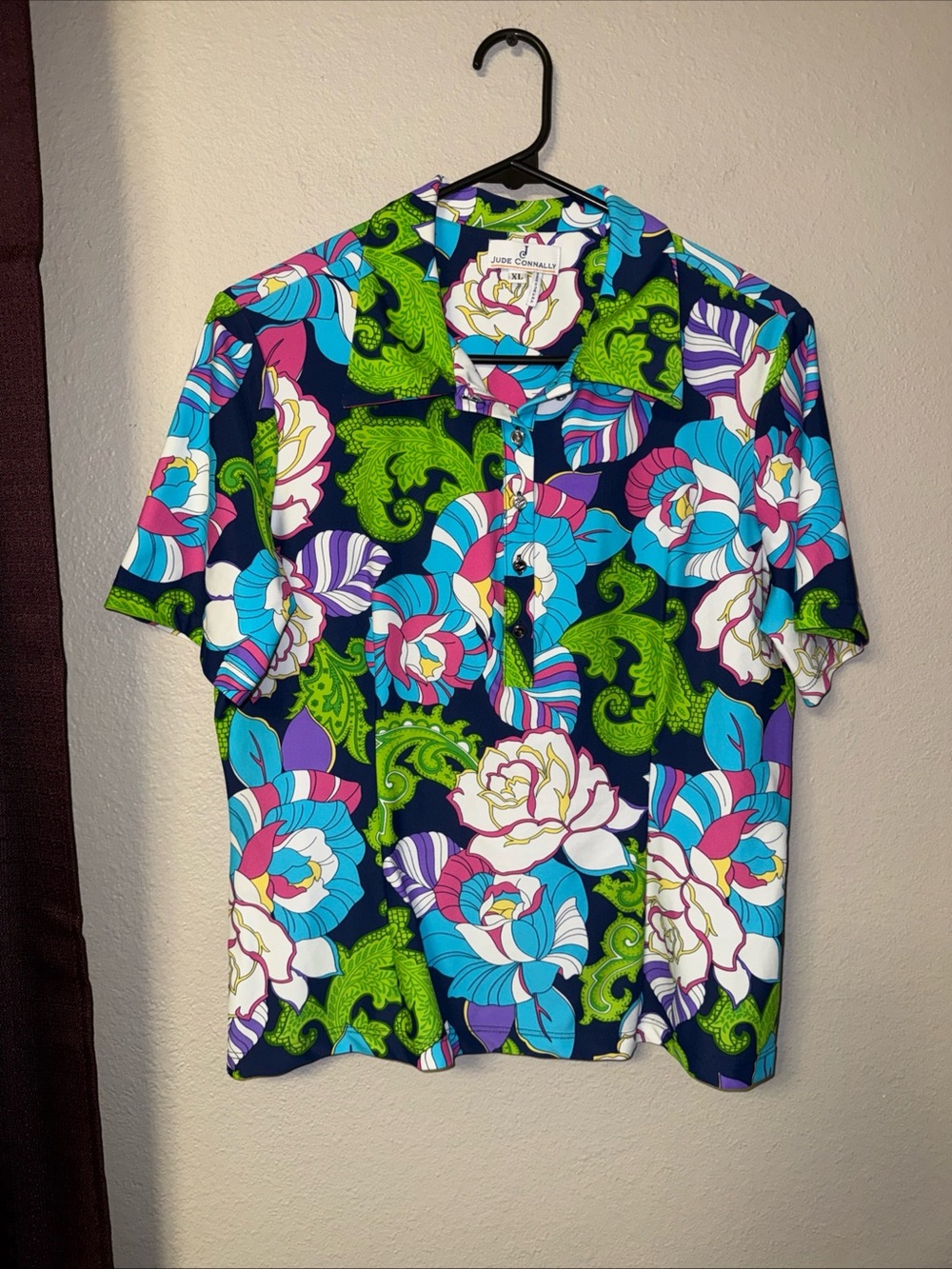 #840 Jude Connally Vintage, Colorful Floral Short Sleeve Top Size Large